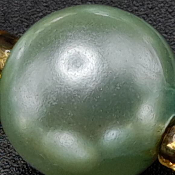 Vintage Japan Art Glass Necklace, Green Cream Gold Beads, 1950s Jewelry - Picture 11 of 13